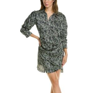 Cinq À Sept Janine‎ Dark Emerald Swirl Ruched Faux Wrap Mini Shirt Dress Size 0